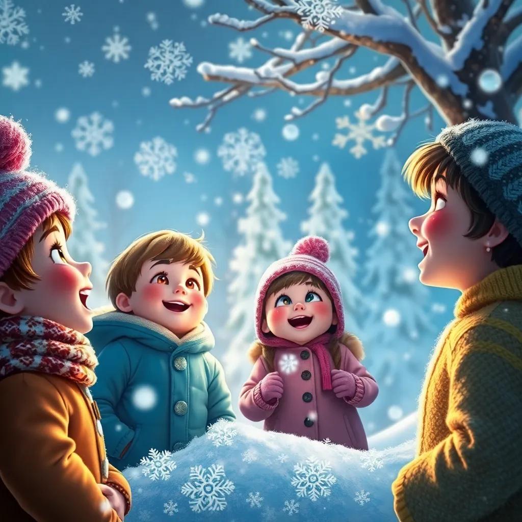 Children marveling at the winter wonderland, filled with laughter and joy, knowing magic brought them here by the friendly snowflakes, vibrant imagery, enchanting, rich
