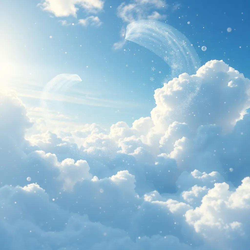 Snowflakes returning to the clouds, swirling and twirling before disappearing, leaving behind a wonderland in the sunlight, ethereal, enchanting, dreamy