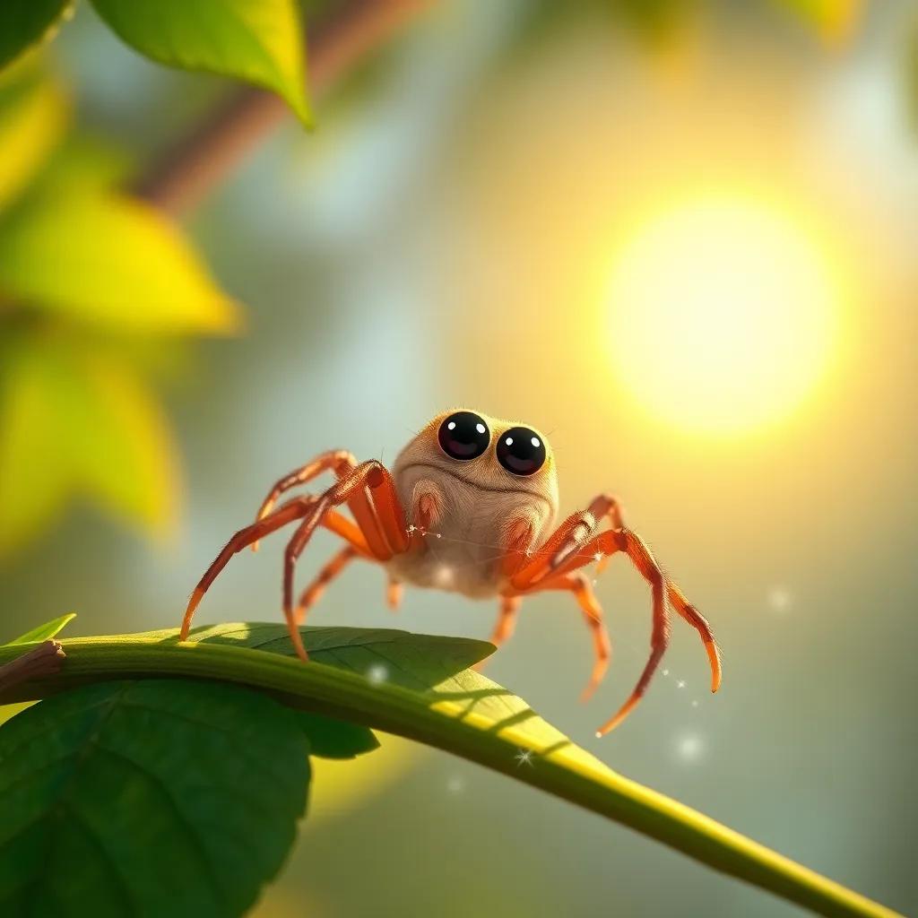 A friendly spider named Sammy, a small, brown spider with big eyes, sitting atop a green tree branch, weaving a sparkling web under the bright sun, digital art, cheerful and vibrant, high perspective, warm colors, inviting atmosphere, high quality