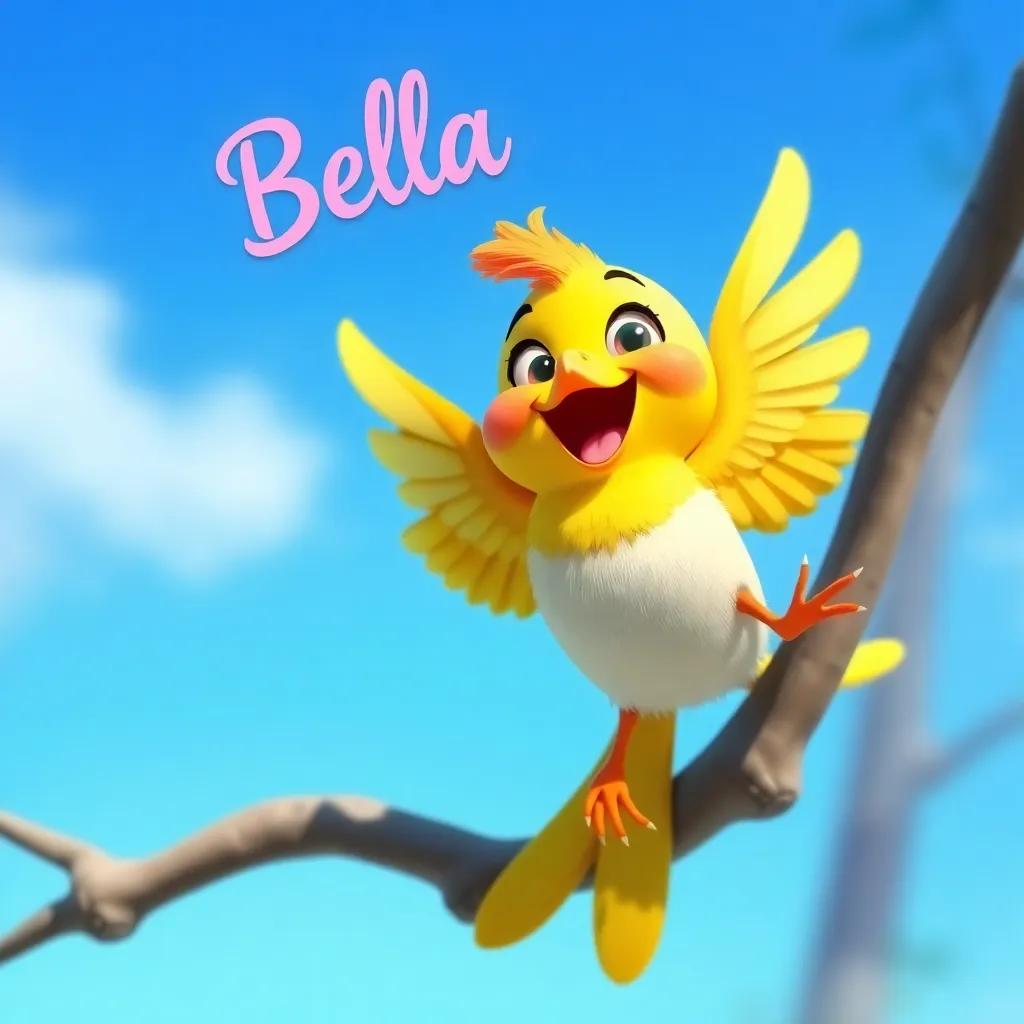 A joyful bird named Bella, a small, colorful bird with bright feathers, flying around Sammy's web, with a clear blue sky behind, digital art, cheerful and playful, bright colors, inviting atmosphere, high quality