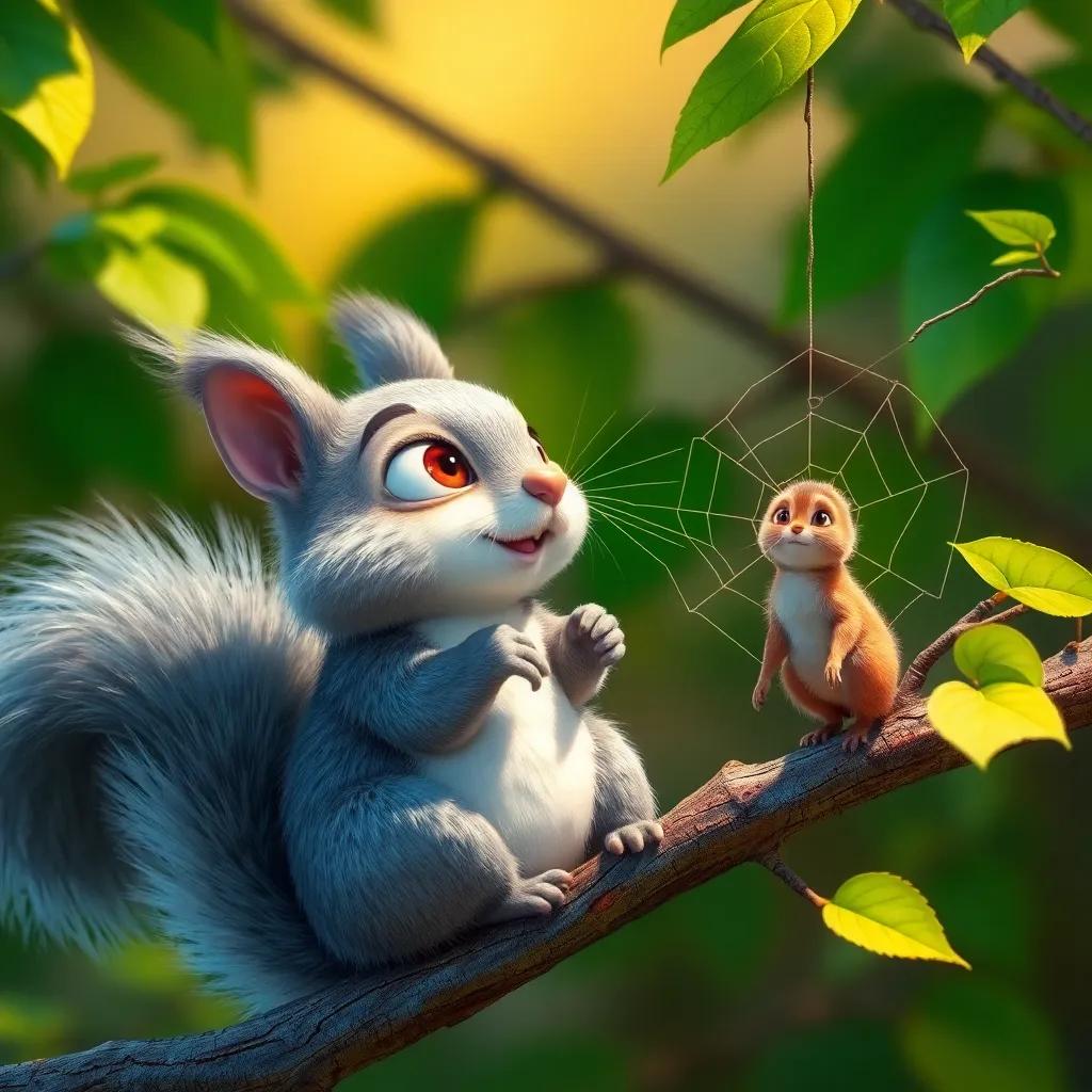 Sam the Squirrel, a fluffy gray squirrel, watching Sammy weave the web with wide eyes, sitting on a nearby branch, with green leaves surrounding him, digital art, bright and lively, colorful scene, high quality