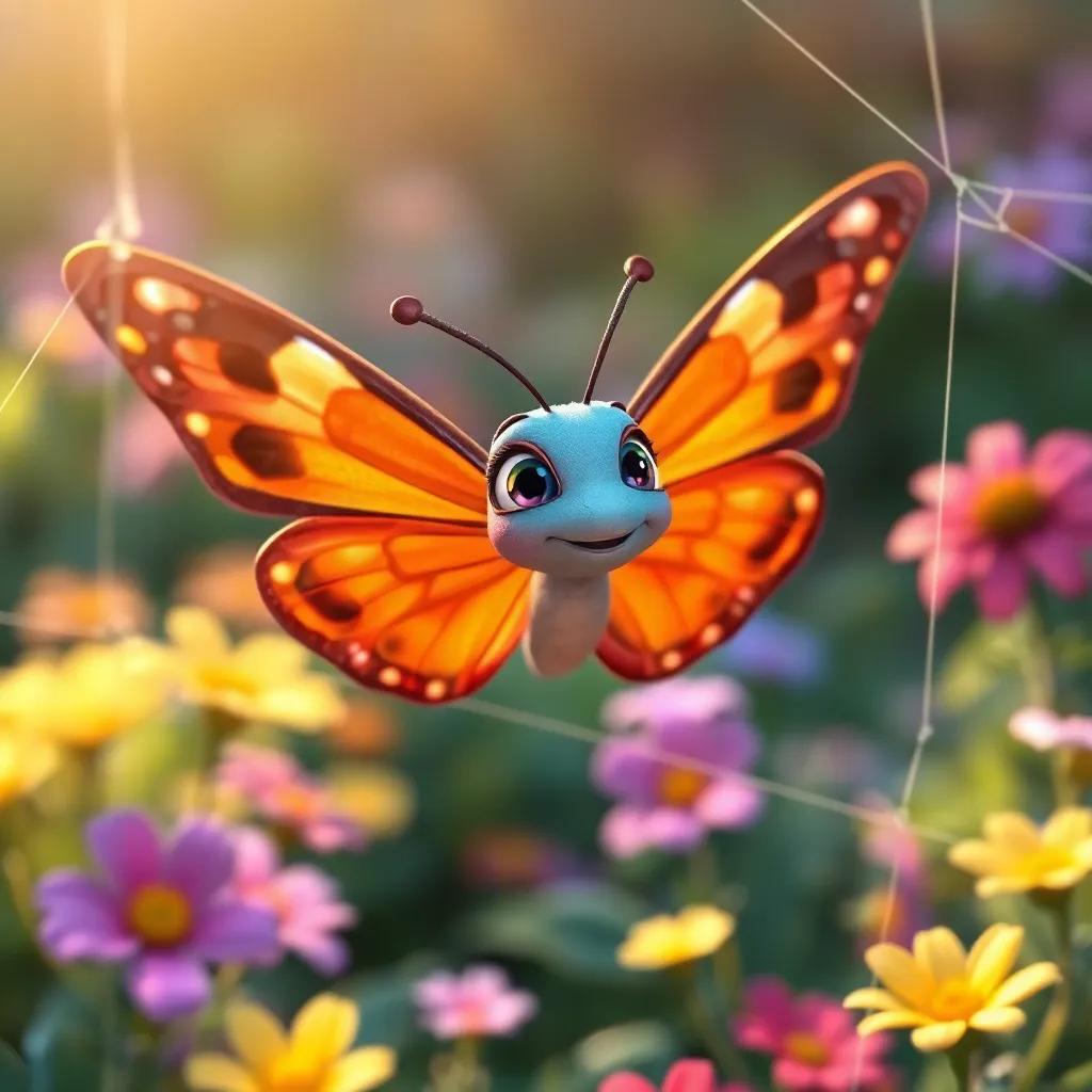 Beatrice the Butterfly, a delicate butterfly with vibrant wings, fluttering near the web with a curious expression, colorful flowers and a garden in the background, digital art, bright and cheerful, warm light, high quality