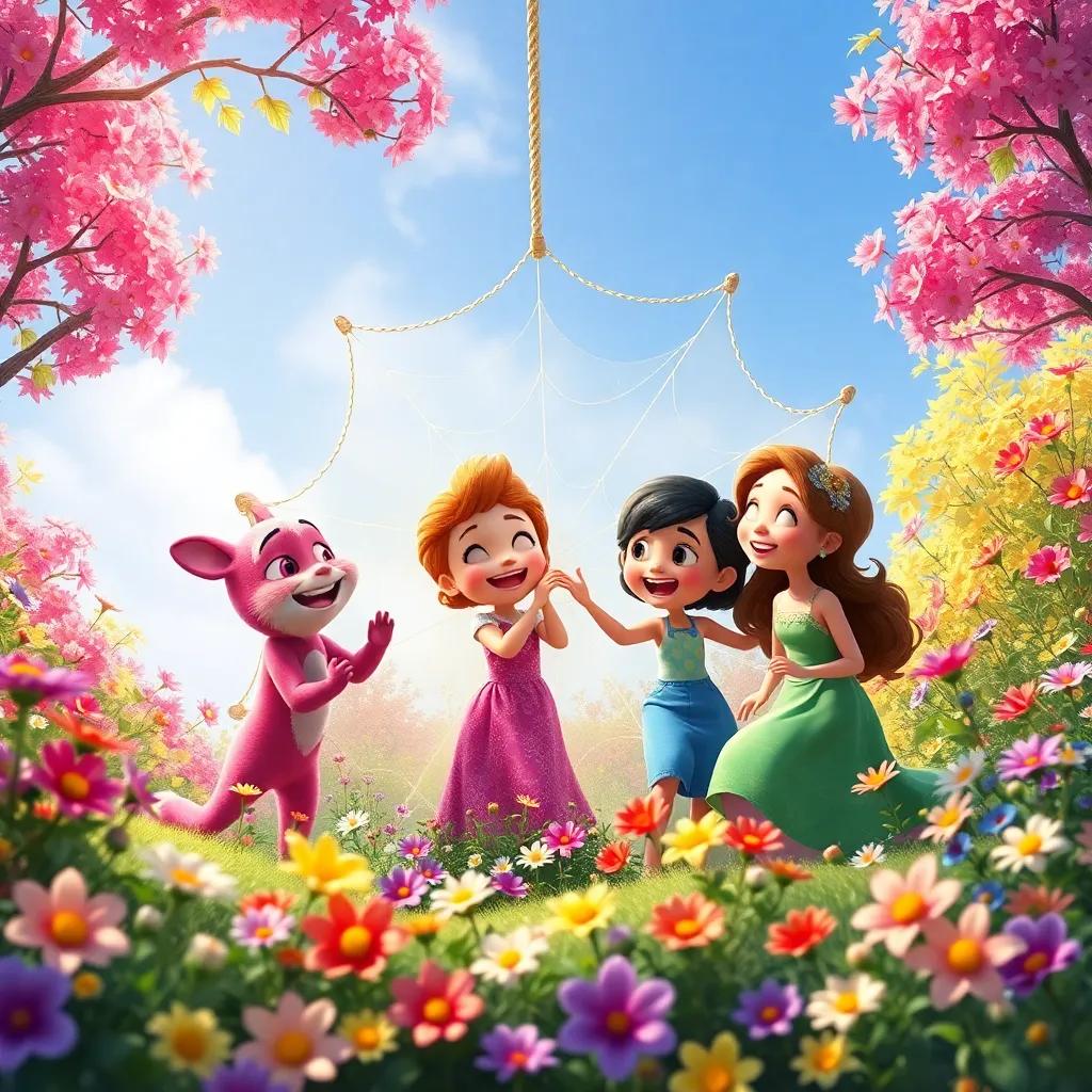 A beautiful scene of Sammy, Bella, Sam, and Beatrice gathered around the completed web, celebrating with laughter, colorful flowers and trees surrounding them, digital art, lively and joyful, bright colors, uplifting atmosphere, high quality