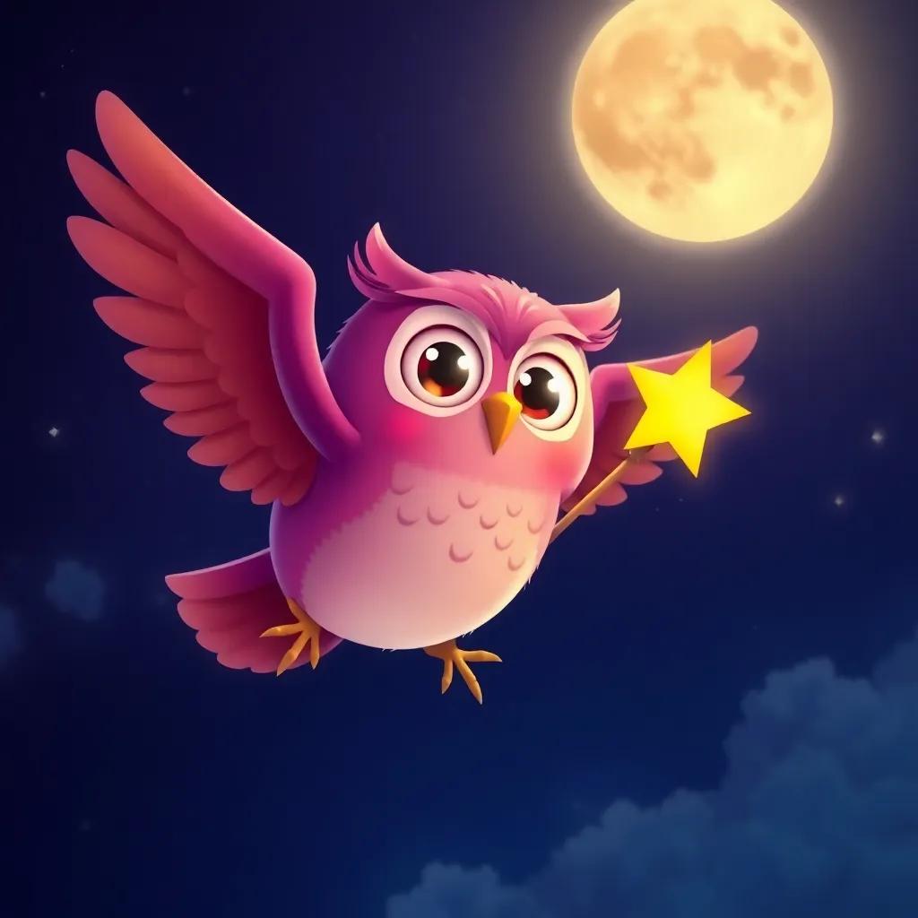 A friendly owl flying in the night sky, with big round eyes, flapping its wings near the bright little star, with a backdrop of a glowing moon, colorful, magical, dreamy, high quality