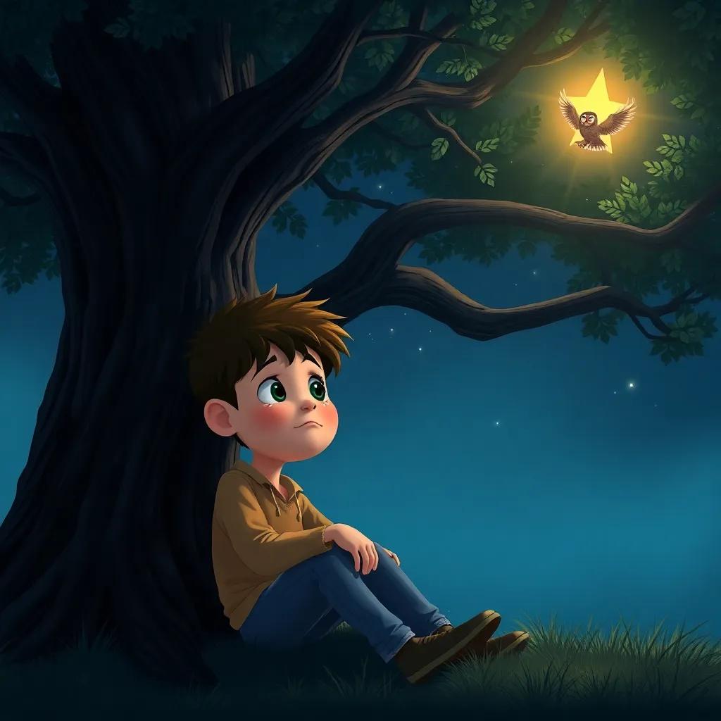 A sad boy sitting under a big dark tree, looking up at the bright star and owl, with tears in his eyes but a glimmer of hope, warm light, heartwarming scene, high quality