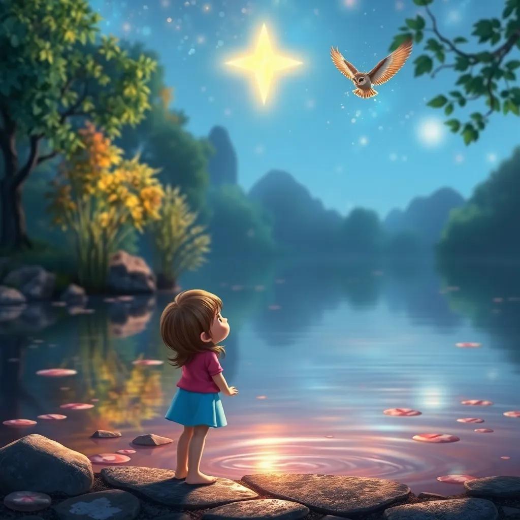 A little girl by a pond, looking up with wonder at the glowing star and wise owl, surrounded by soft reflections on the water, colorful, enchanting, high quality