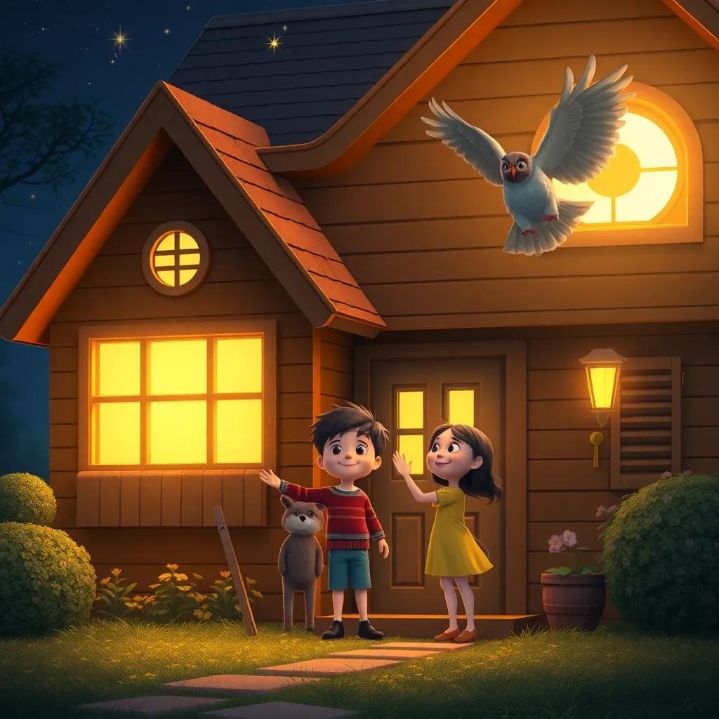 A cozy warm house with lights in the windows, a boy and girl standing by the door smiling and waving goodbye to the owl and star in the night sky, nostalgic, friendly atmosphere, high quality