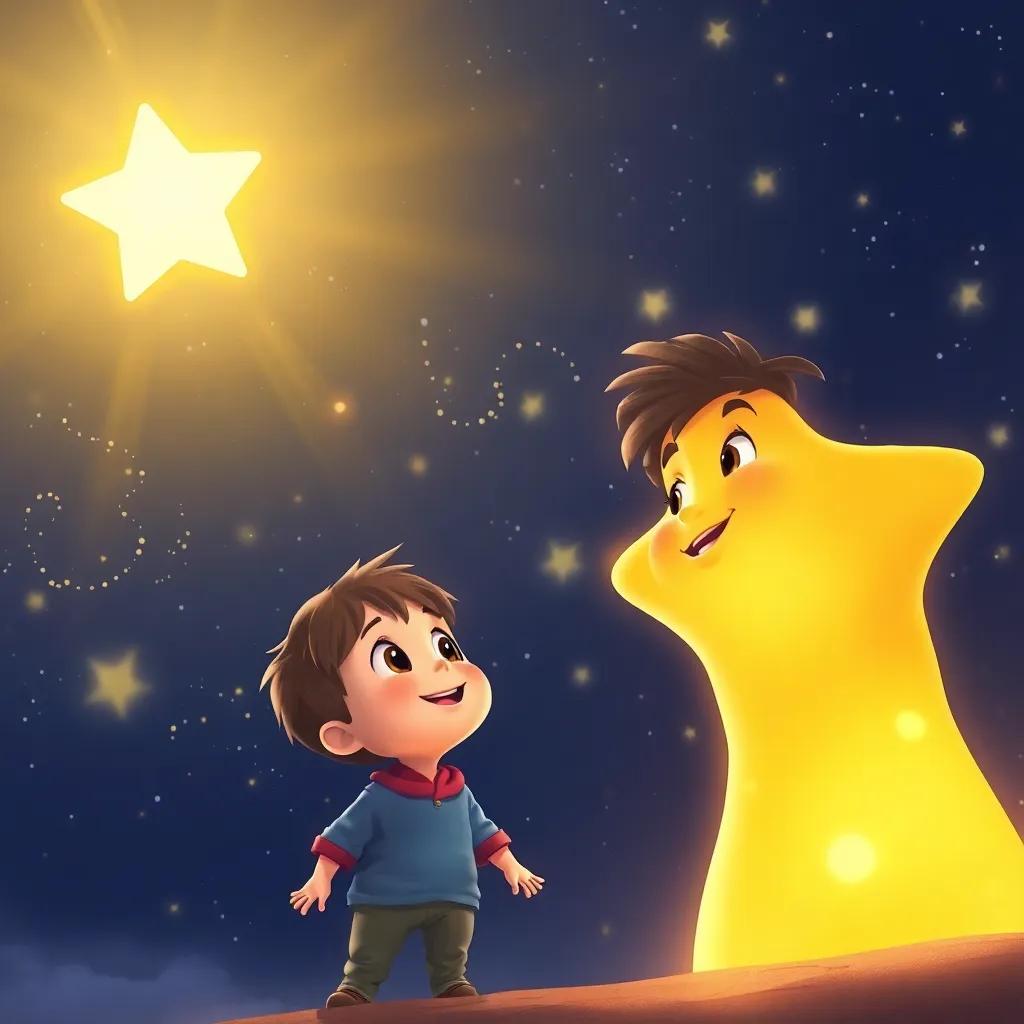 Twinkle, the Friendly Star, guiding a small boy with light, the boy looking up with a joyful smile, night sky filled with stars, digital illustration, warm light, magical perspective, colorful