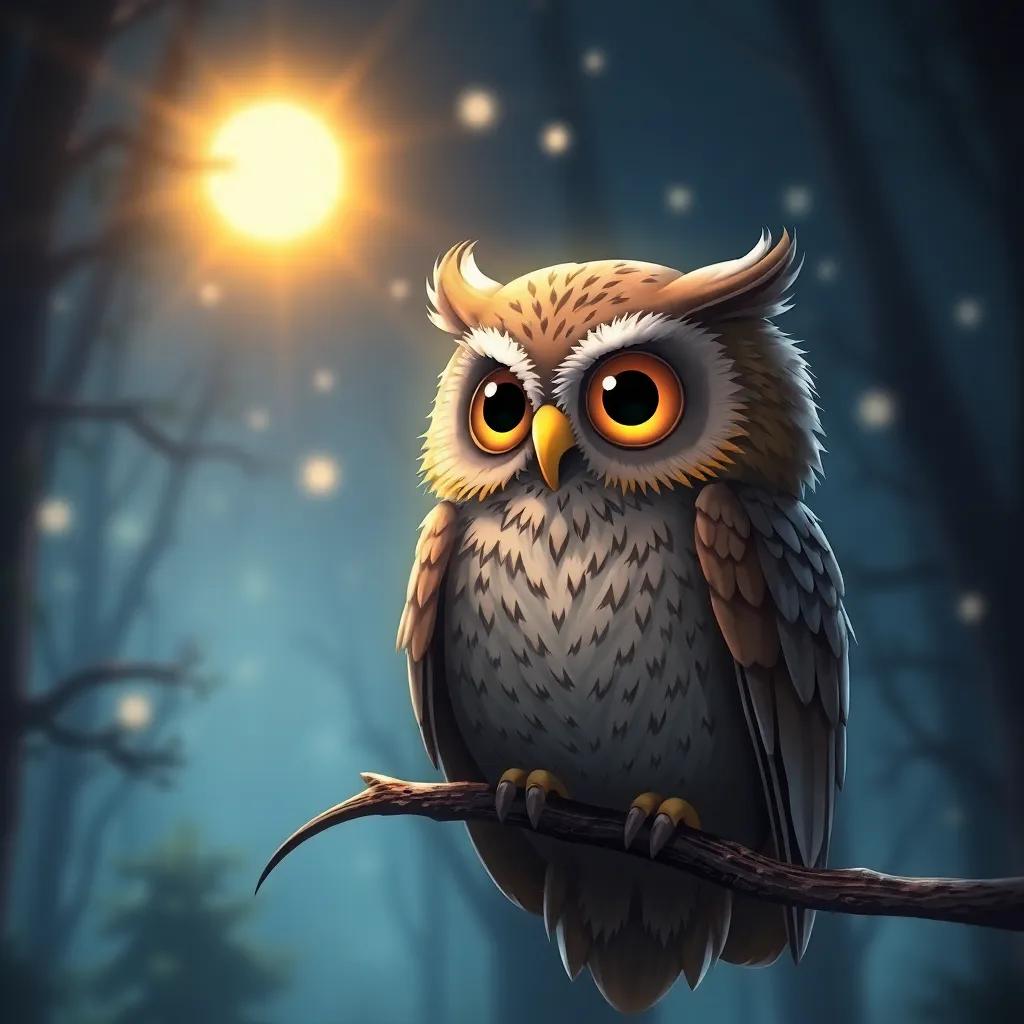 Twinkle shining above a wise owl perched on a branch, the owl with big round eyes, night forest background, detailed digital art, soft light, harmonious color scheme, high quality