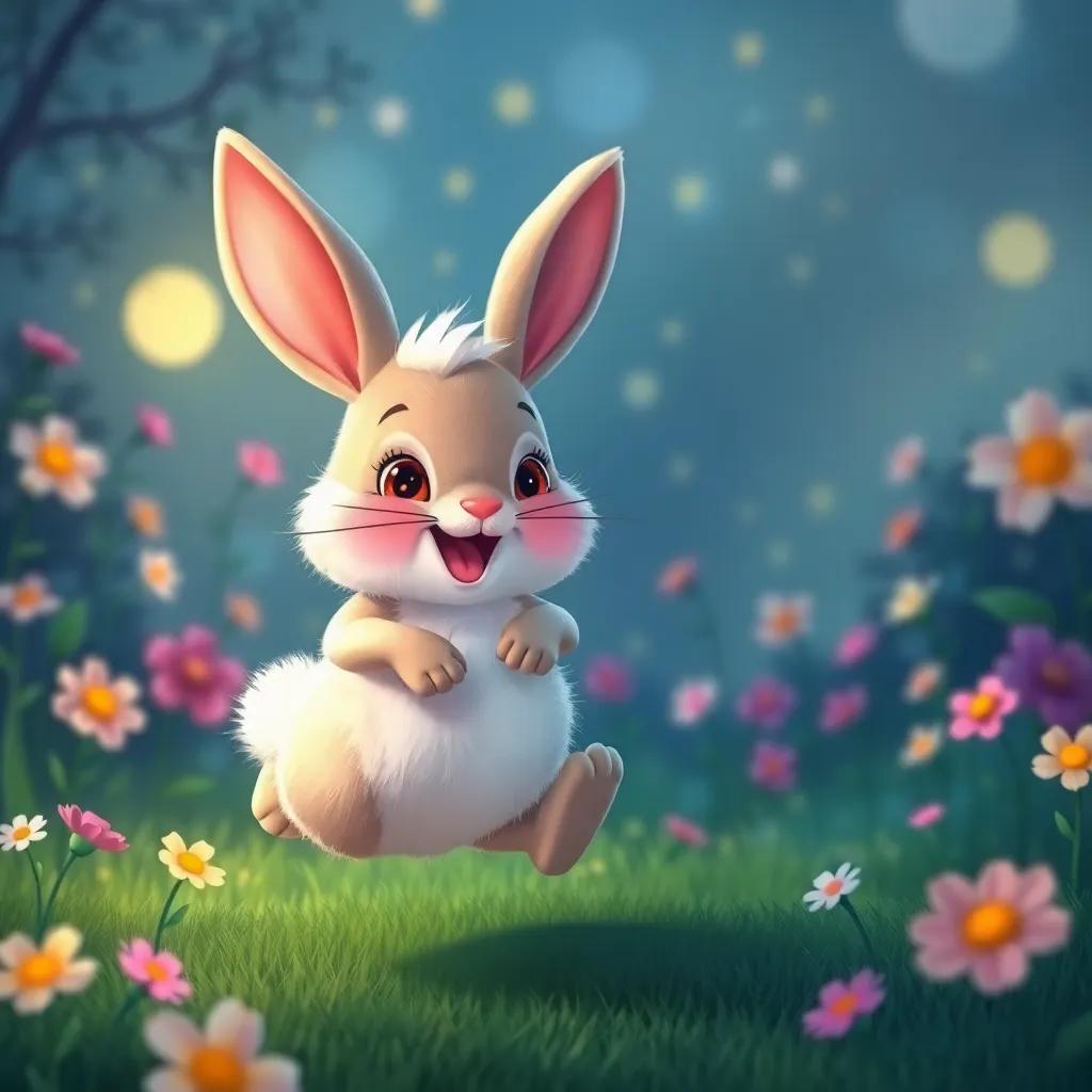Twinkle along with a fluffy rabbit hopping happily, the rabbit's nose wiggling, night scene with flowers, vibrant and cheerful, digital art, playful atmosphere, high quality