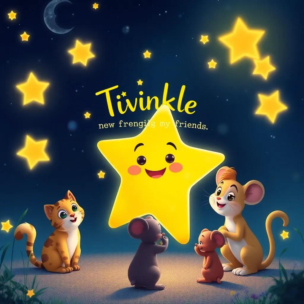 Twinkle, the Friendly Star, surrounded by new friends including a cat and a mouse, all together in a night setting, sharing stories, bright and inviting colors, delightful atmosphere, digital art, high quality
