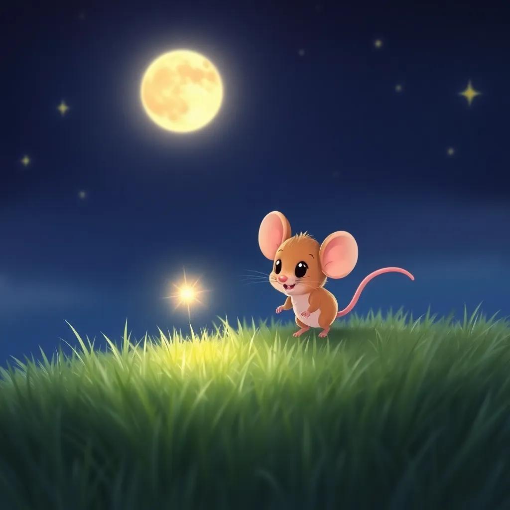 A tiny mouse following Twinkle's light, scurrying across grassy ground, with stars and moon illuminating the scene, cute and colorful, child-friendly illustration, heartwarming perspective, high quality