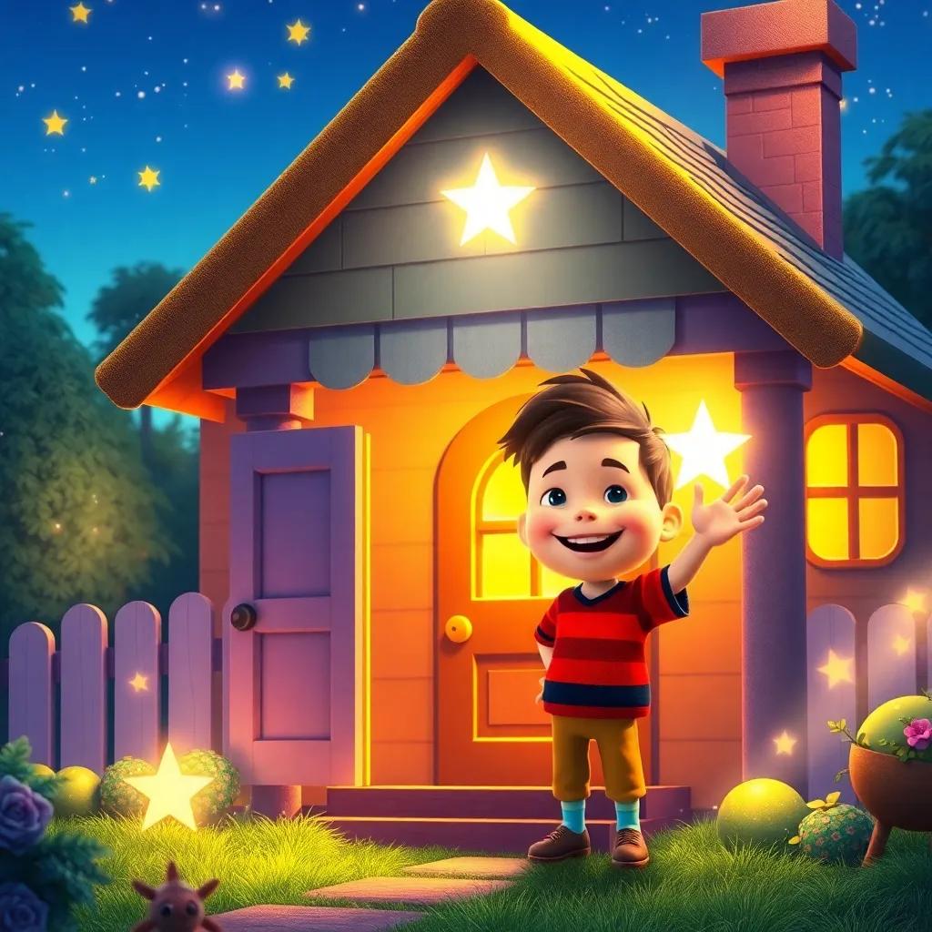 Twinkle shining brightly at the boy's house, the boy smiling and waving goodbye, cozy home illuminated by star light, joyful colors, inviting atmosphere, beautiful digital art, high quality
