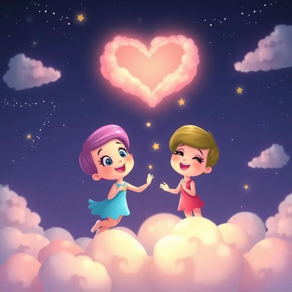 Twinkle shining happily next to her friends in the sky, with soft clouds forming a heart, showing friendship and love, colorful night scene, cheerful and vibrant, digital art, high quality