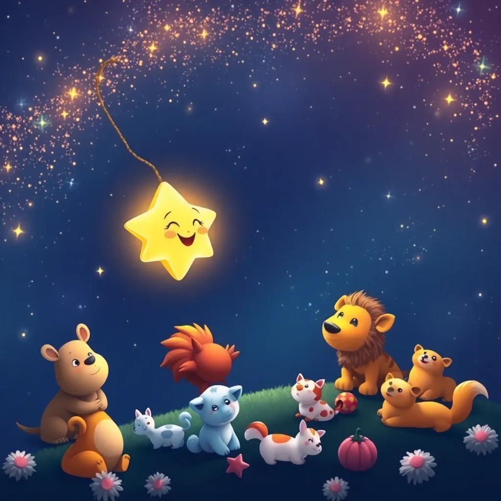 Twinkle, a little star shining brightly, smiling down at the world with all her animal friends below, night sky sparkling with stars, warm colors, magical art, high quality
