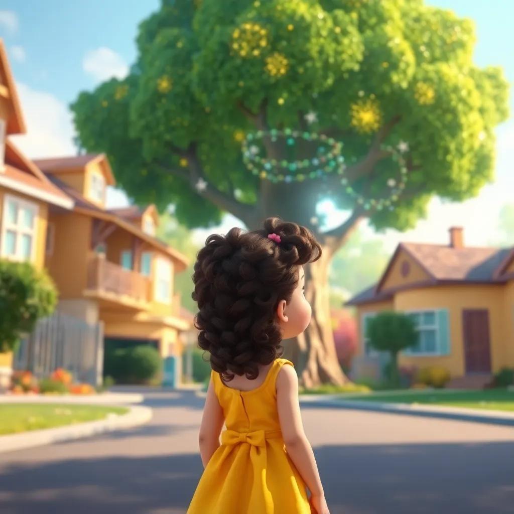 A young girl, Bella, with curly brown hair wearing a bright yellow dress, standing in a sunny neighborhood, looking at a big magical tree with sparkling leaves, digital art, cheerful atmosphere, vibrant colors, high quality