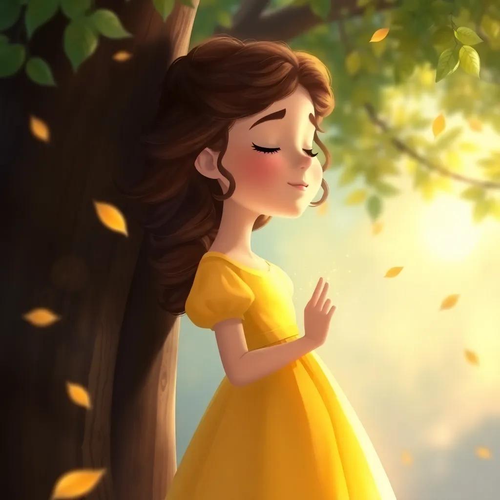 Bella, with curly brown hair in a yellow dress, standing with her eyes closed by the tree, making a wish with twinkling leaves falling around her, digital painting, magical atmosphere, soft light, uplifting