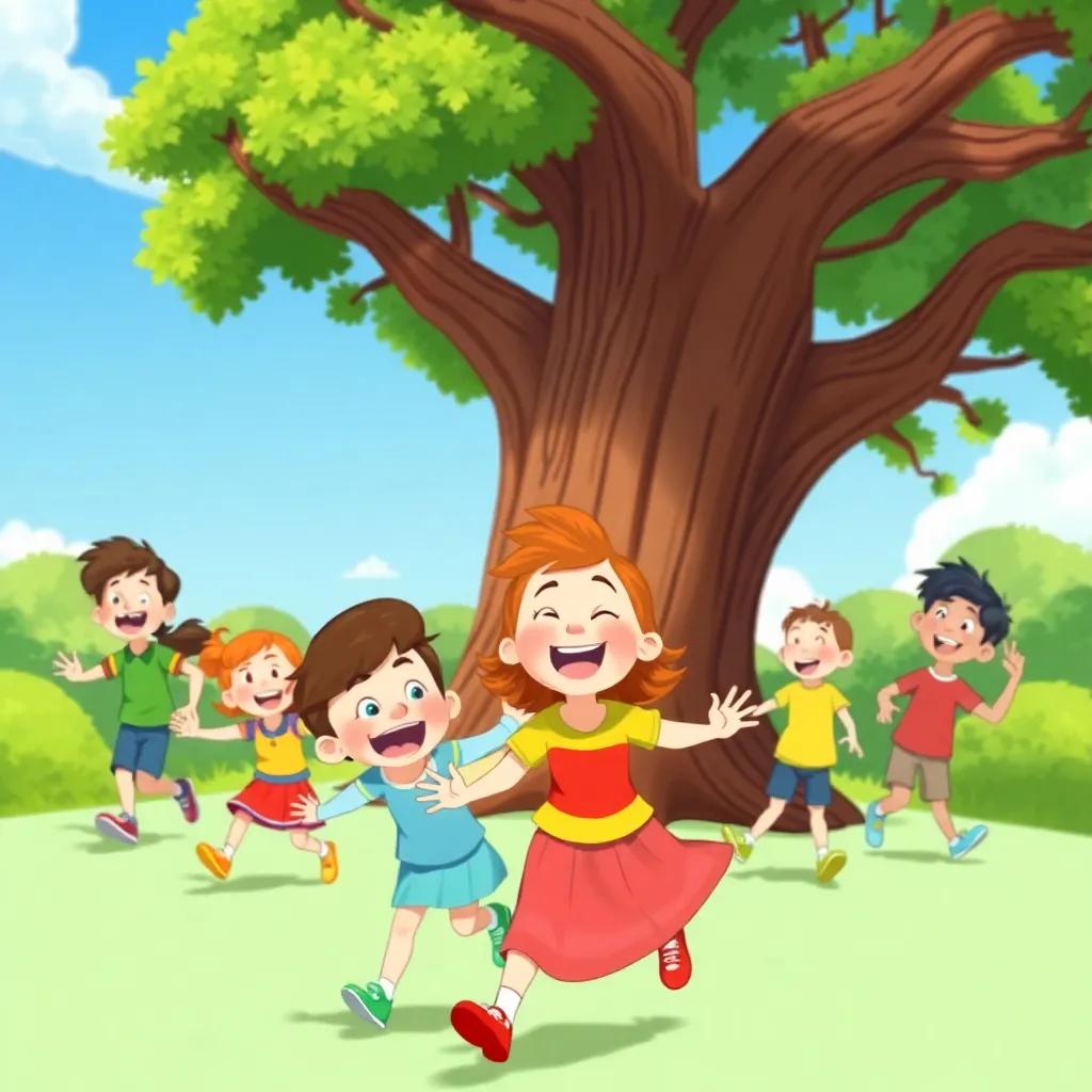 A group of children, including Bella, laughing and playing tag around the big Friendship Tree, bright blue sky above, colorful outfits, joyful expressions, illustration, dynamic, cheerful scene, child-friendly