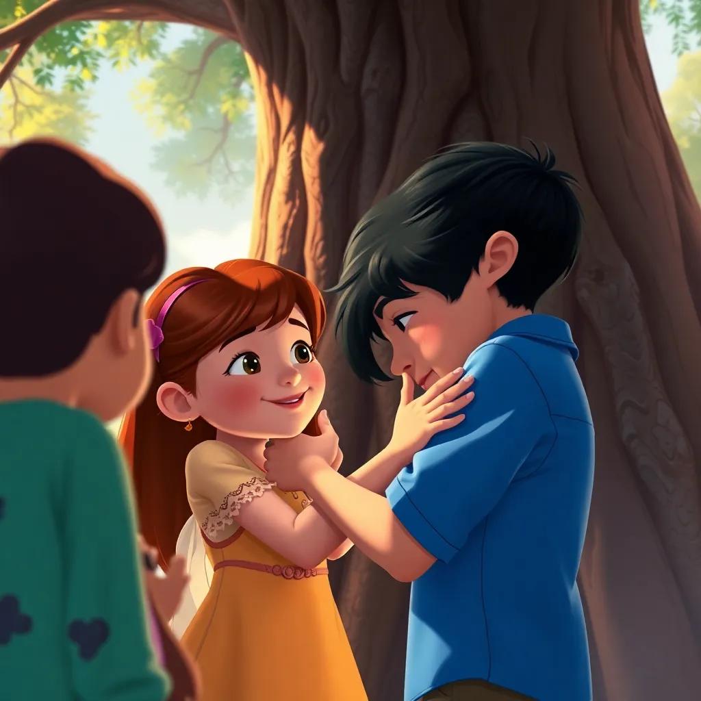 Bella comforting Sam, a young boy with short black hair wearing a blue shirt, helping him up while surrounded by their friends, under the tall tree, warm colors, heartwarming moment, digital art, enriching scene