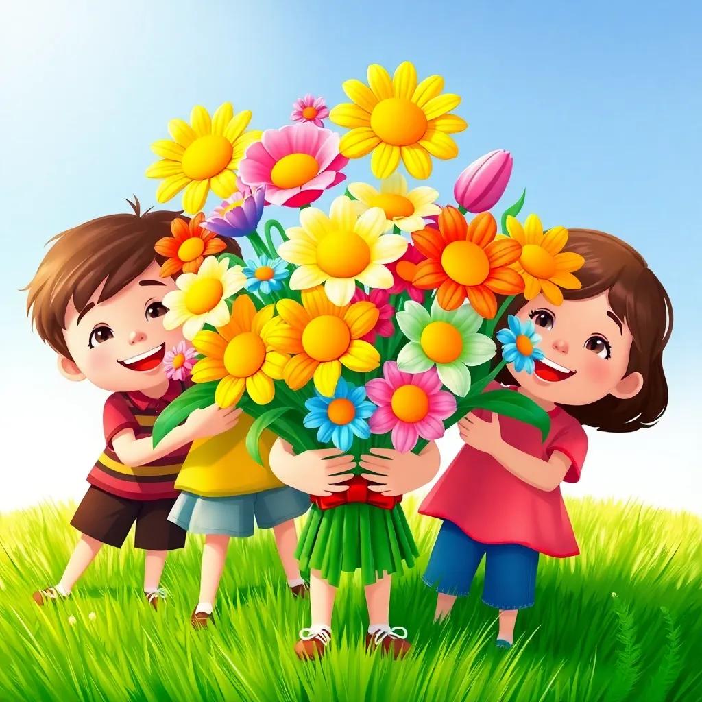 A vibrant bouquet of flowers, held by children, with sunny smiles on their faces, bright colors contrasting with the green grass, joyful atmosphere, illustration, friendly, uplifting scene