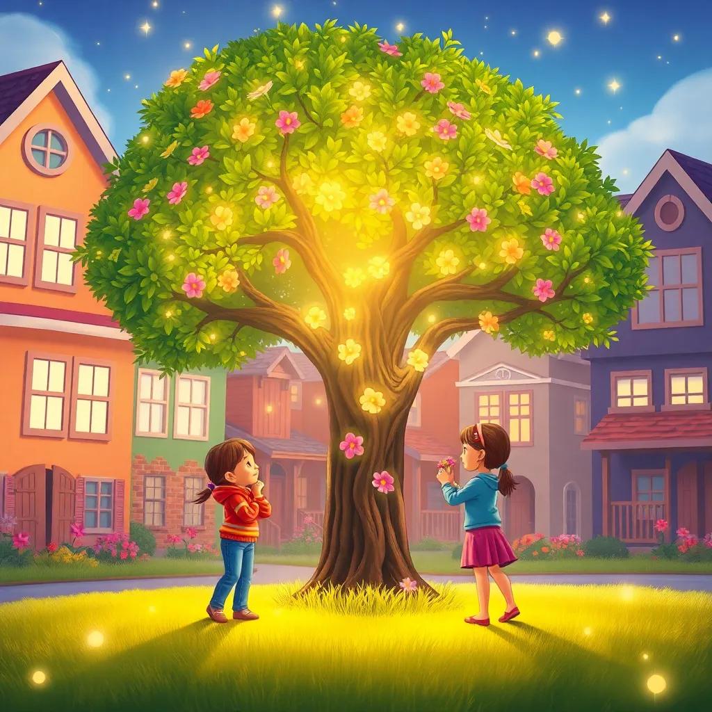 The Friendship Tree glowing with happiness as children share flowers with their neighbors, colorful houses in the background, sparkles around the tree, digital art, heartwarming community scene, vibrant light