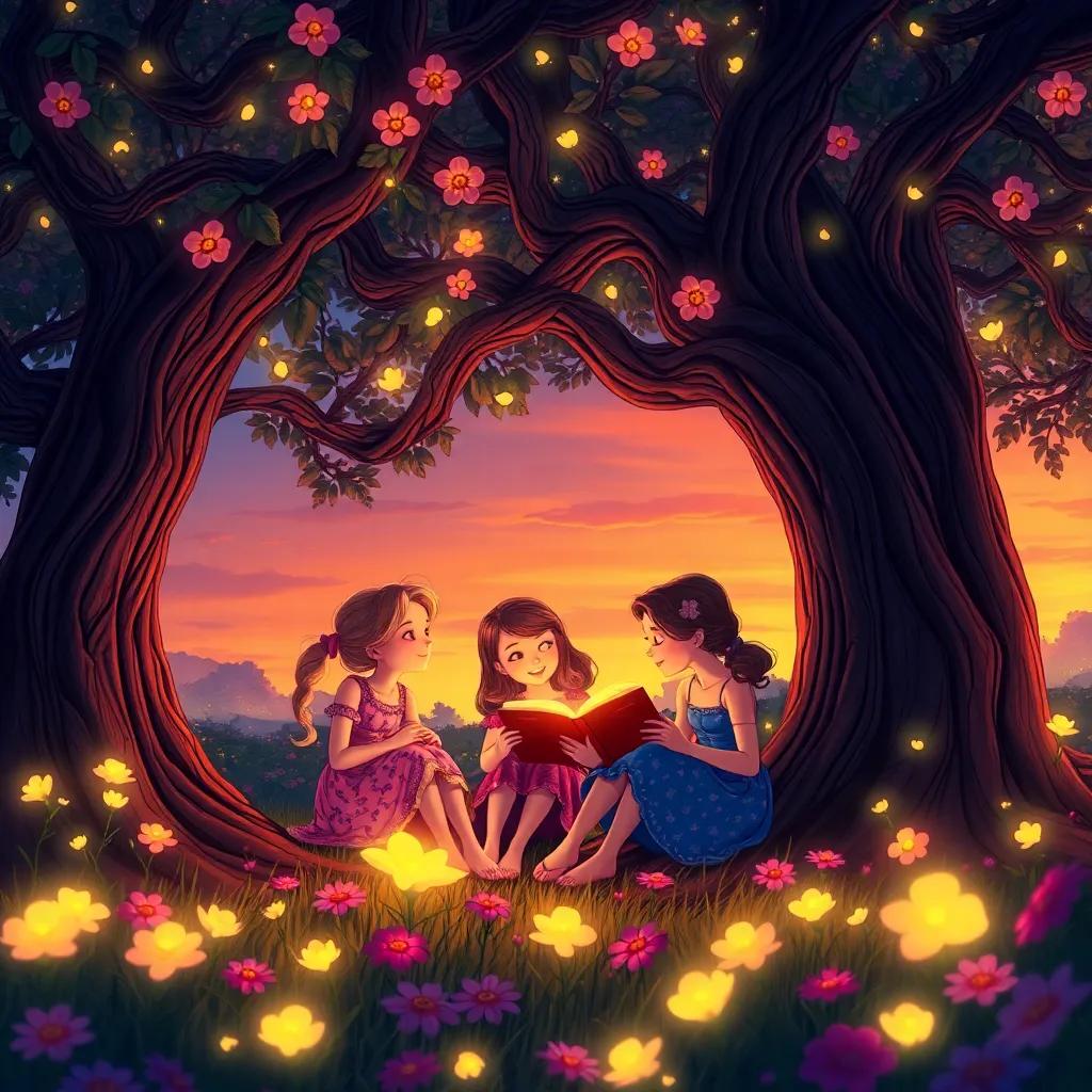 Bella and her friends sitting under the Friendship Tree, telling stories, surrounded by glowing flowers and dancing fireflies at sunset, magical atmosphere, rich colors, wonder and joy, beautiful illustration