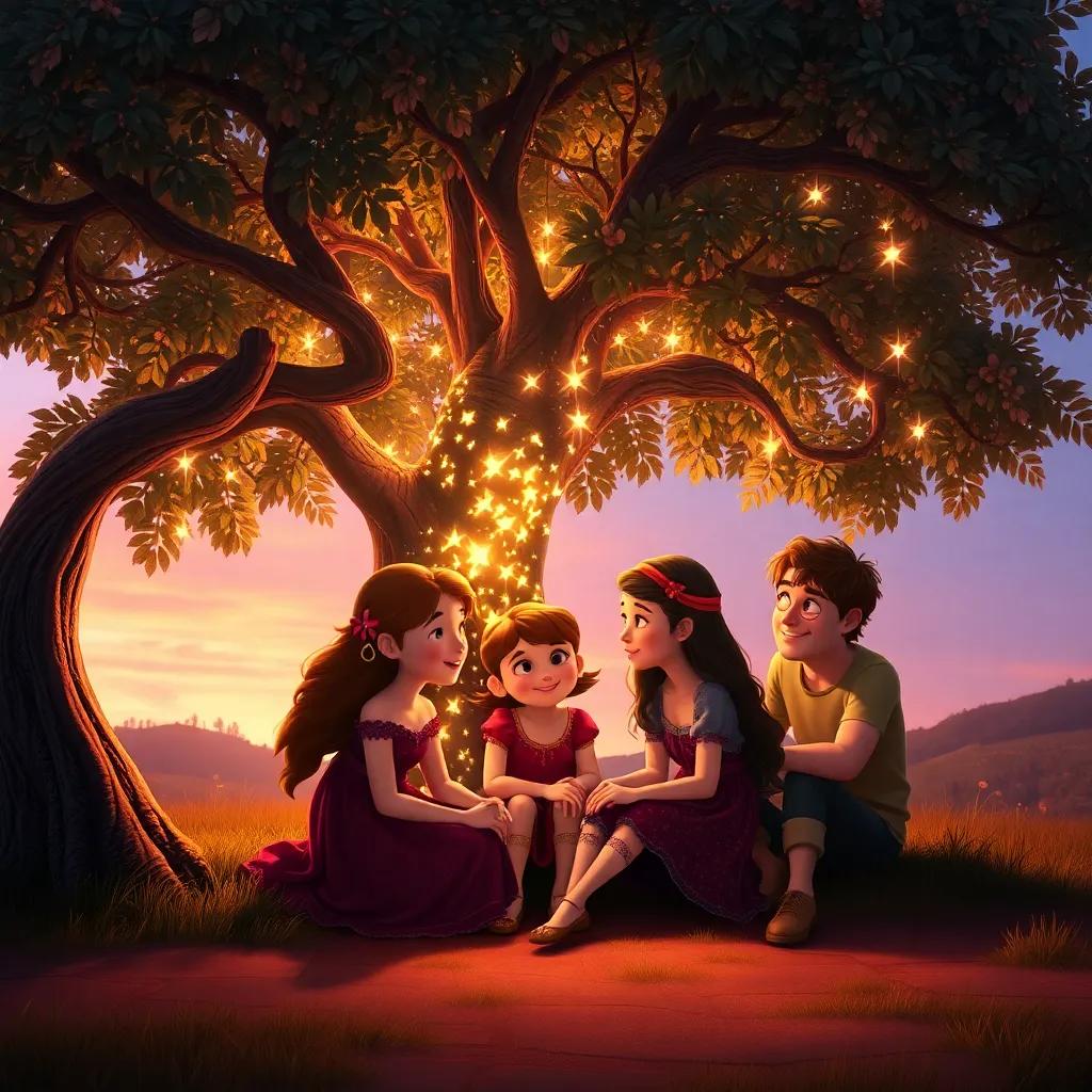 Bella sitting under the Friendship Tree with her friends, the tree sparkling in the twilight, creating a scene of warmth and togetherness, creativity in the air, art with rich colors, glowing details
