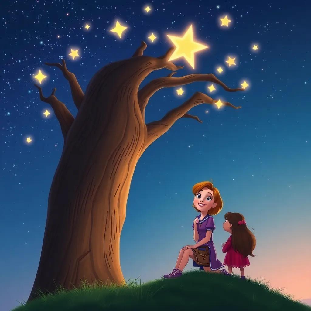 Bella at the tree, smiling as the stars twinkle above, representing the magic of friendship, her friends around her, feeling connected, whimsical night sky, magical quality, digital artwork, beautiful and heartfelt