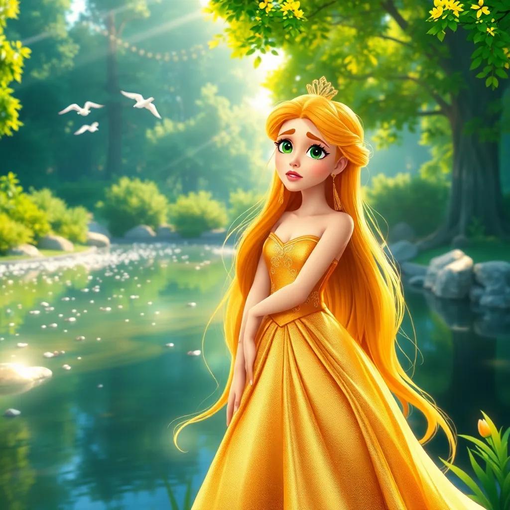 A beautiful princess named Lily, with long flowing hair and a shiny golden dress, standing by a shimmering pond looking worried, bright sunlight, birds flying, lush green trees, digital art, vibrant colors, fairy tale style