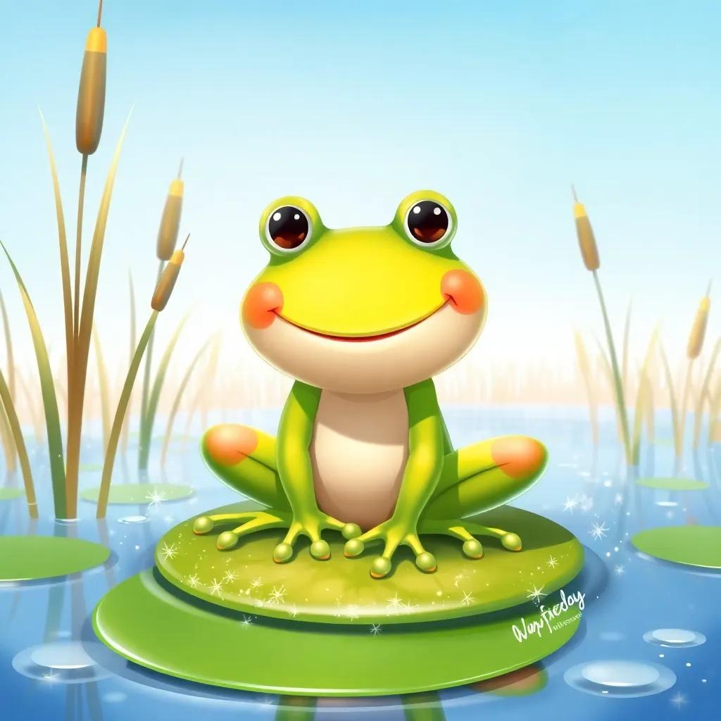 A cheerful frog with a big smile, sitting on a lily pad, surrounded by sparkling water and tall reeds, under a clear blue sky, illustration, bright and inviting scene, child-friendly