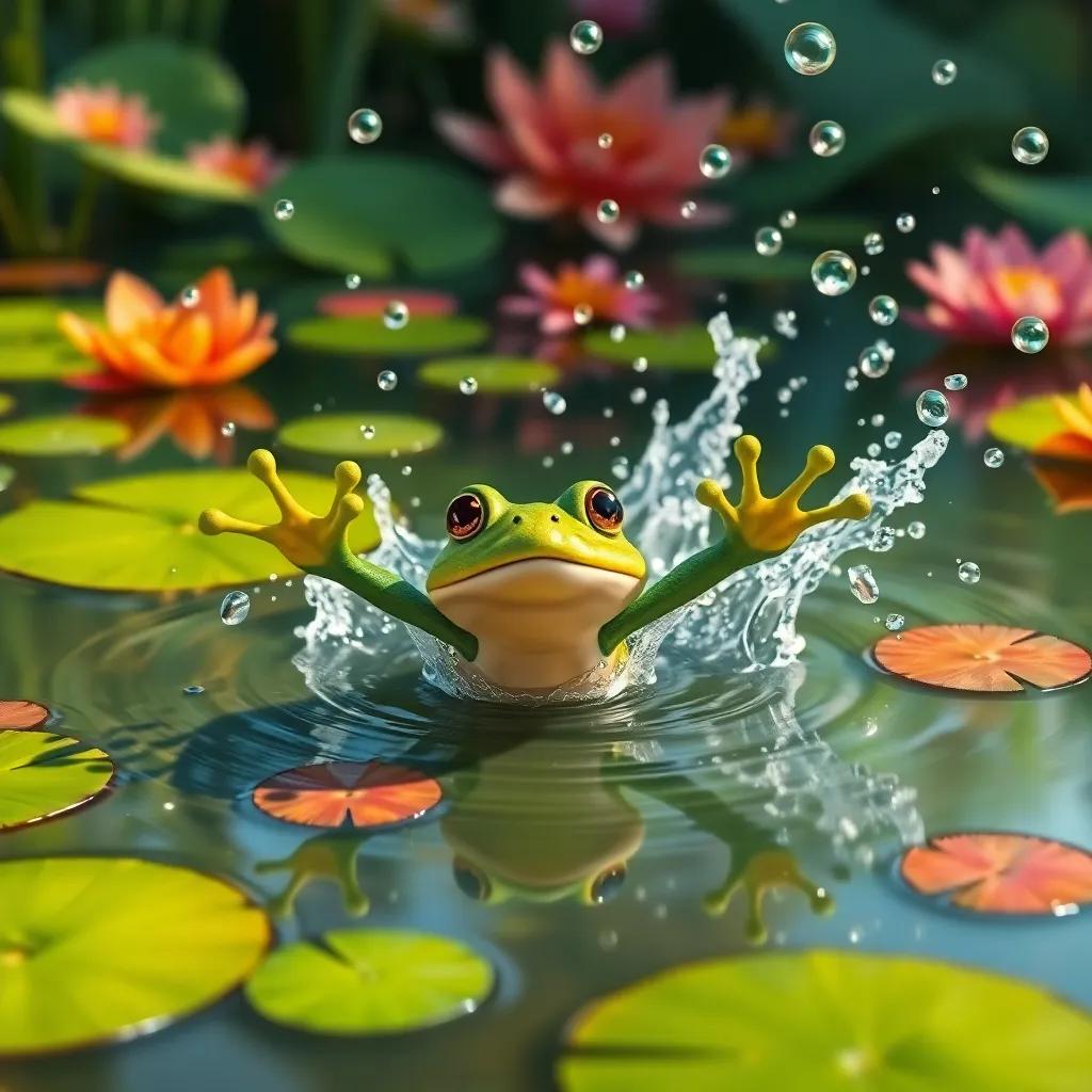 The frog diving into the pond, making a big splash, water droplets flying everywhere, reflections of colorful lily pads, charming and lively, detailed digital art, dynamic perspective