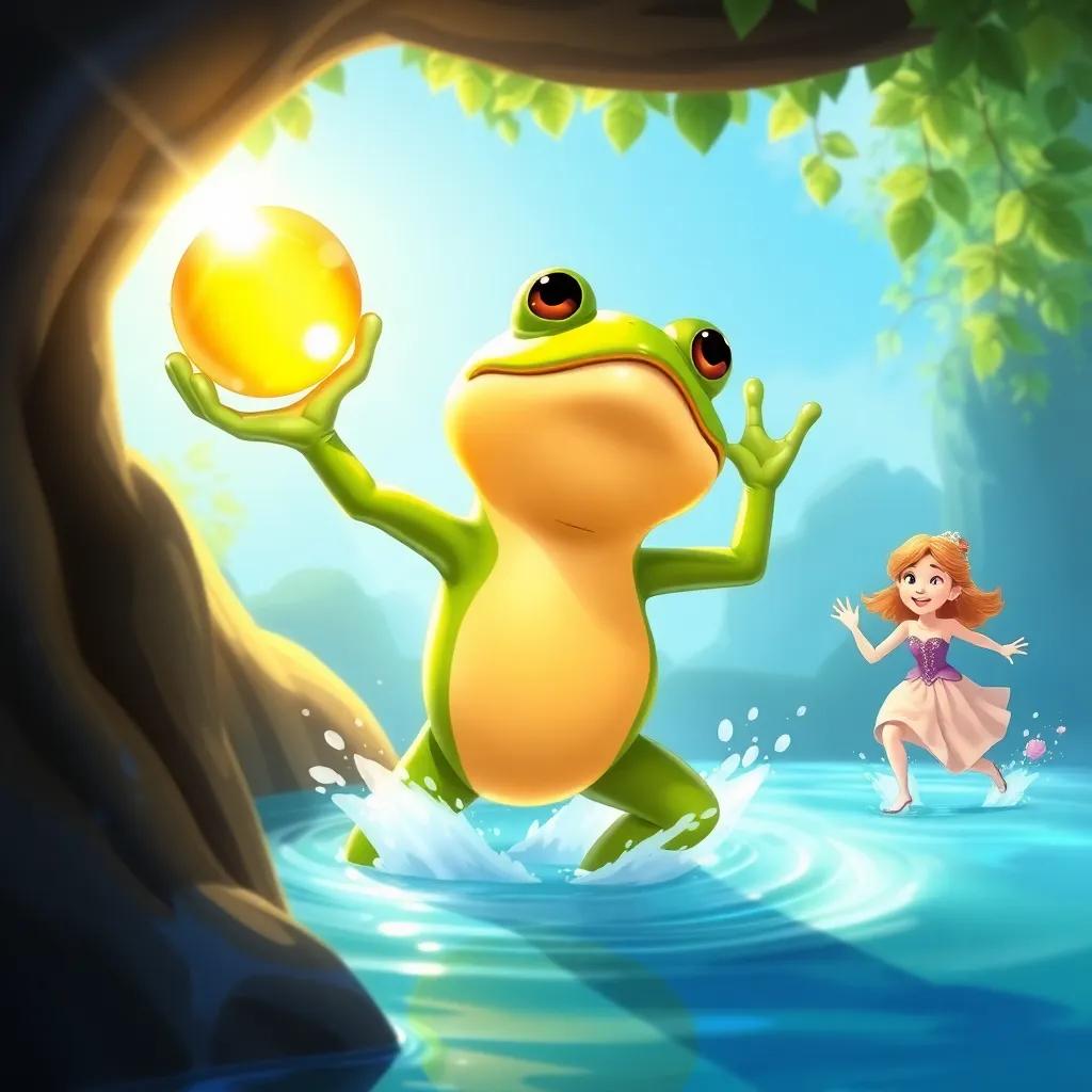 The frog emerging triumphantly from the water holding a shiny golden ball, with princess Lily running towards him in excitement, bright sunlight, joyful atmosphere, illustration, colorful