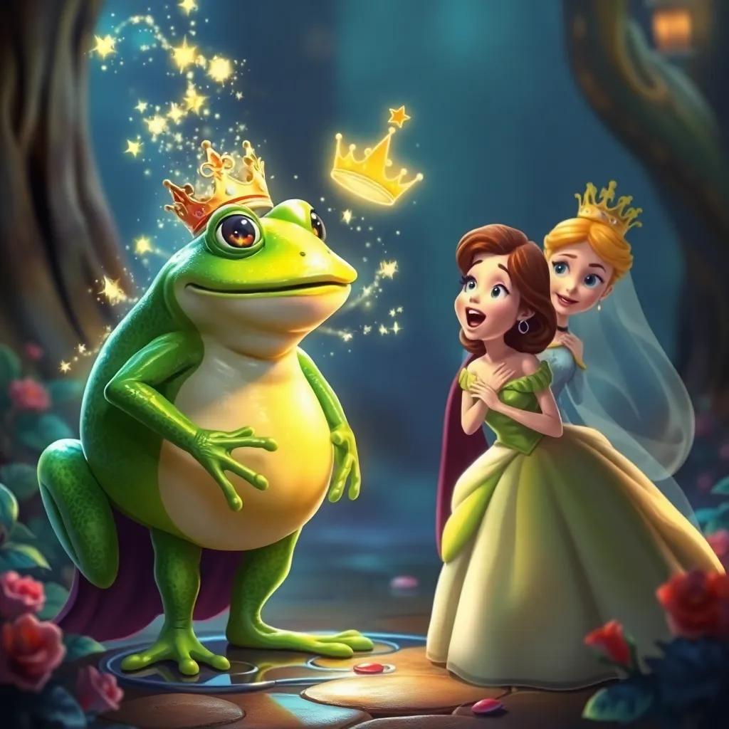 The frog transforming into a handsome prince, with a crown appearing as sparkles around him, standing next to a amazed princess, magical and enchanting scene, fantasy digital painting, vivid colors
