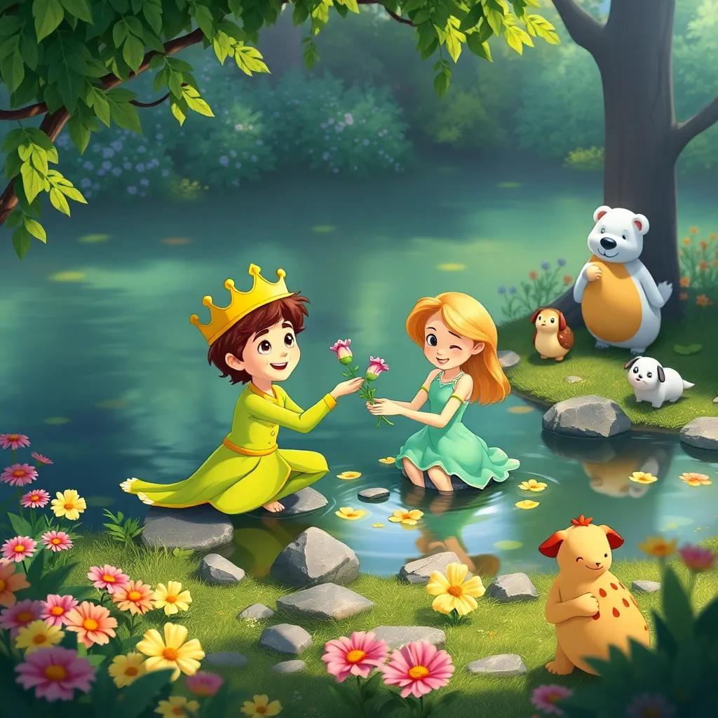 Lily and the prince happily playing together by the pond, with lush greenery and flowers, friendly animals watching, bright and cheerful setting, illustration, heartwarming, detailed