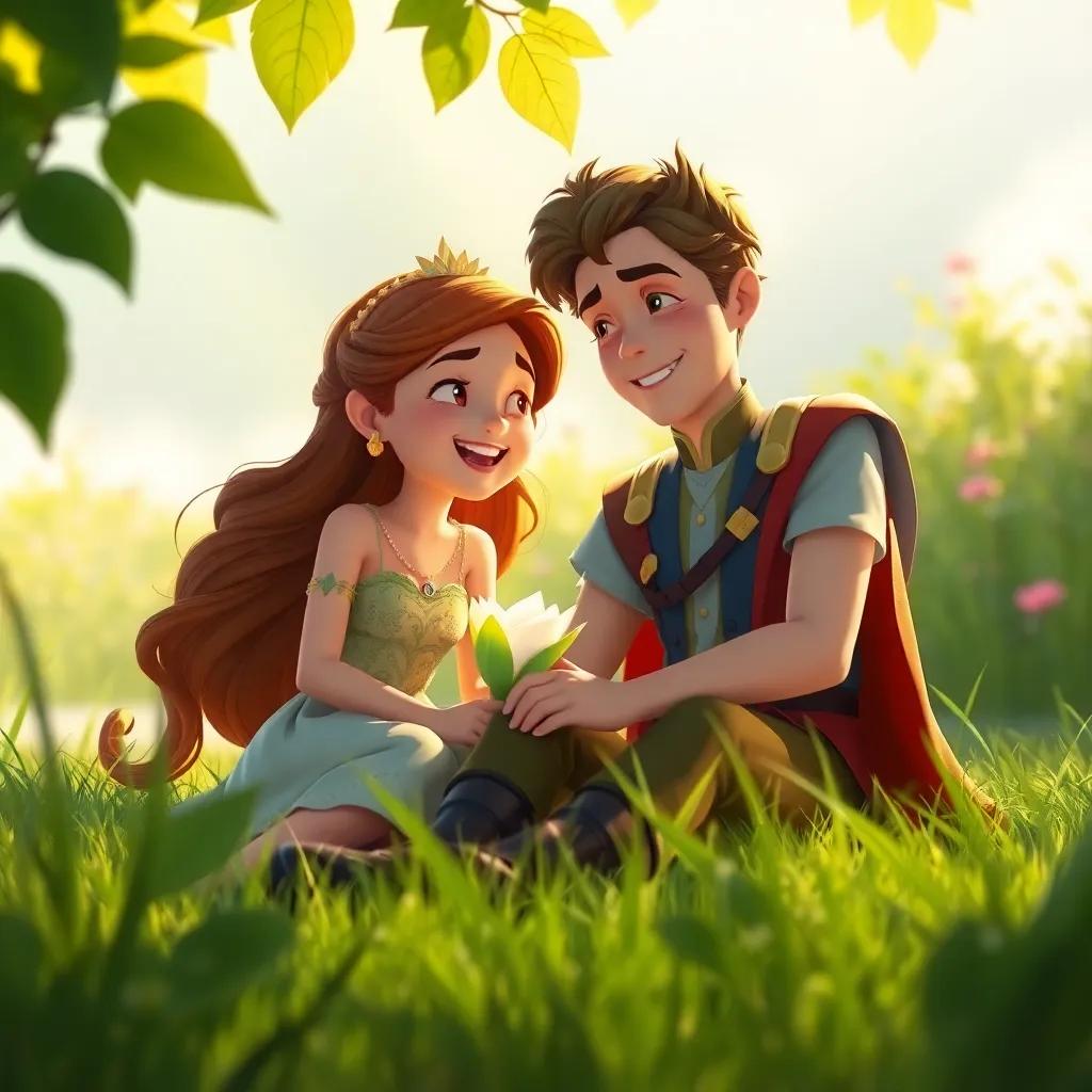 A close-up of Lily and the prince sitting together on the grassy shore, sharing some laughter and a dream, with sunlight filtering through leaves, friendly and warm, heartwarming scene, digital art
