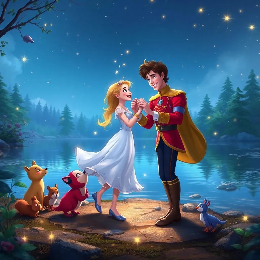 Lily and the prince dancing joyfully on the shore of the pond, with smiles and laughter shared, sparkles around them, surrounded by friends from the forest, magical and festive atmosphere, digital painting