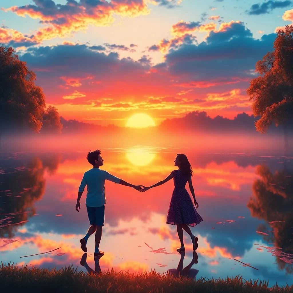A picturesque scene of the pond glistening under sunset, with the happy pair walking together hand in hand, reflecting dreams and friendship, vibrant sunset colors, heartwarming image