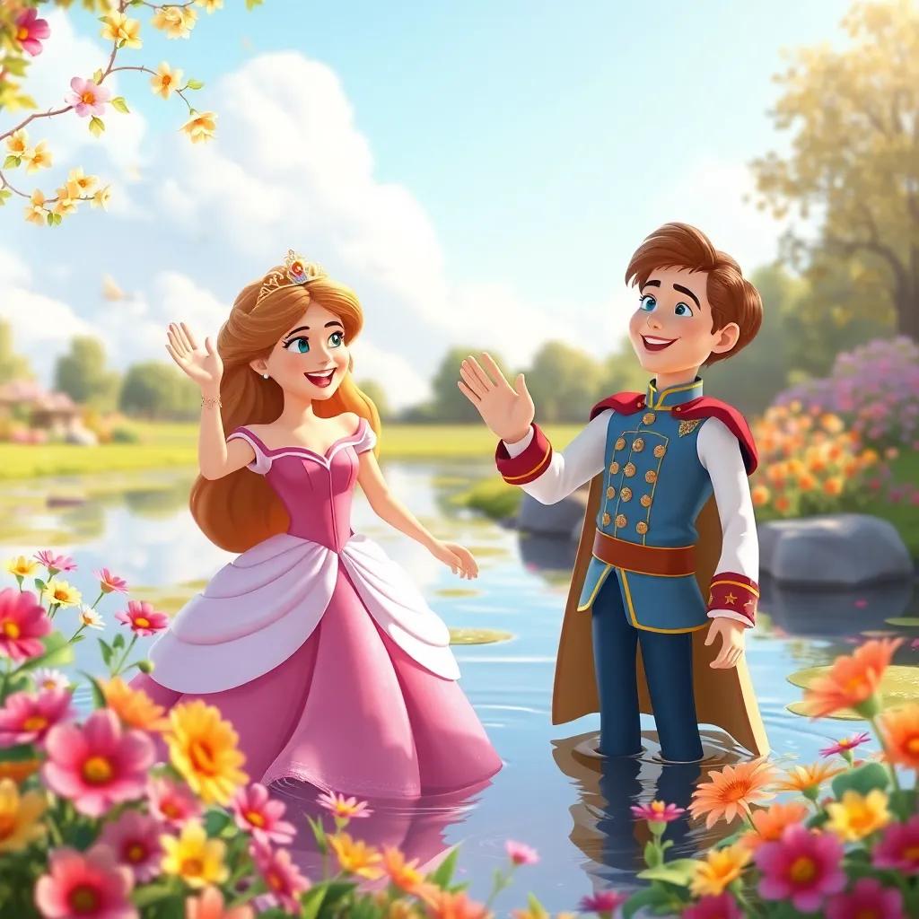 A charming scene of the princess and the prince waving goodbye as they embark on a new adventure, laughter echoing across the pond, colorful flowers blooming around, joyful and optimistic vibe, digital art