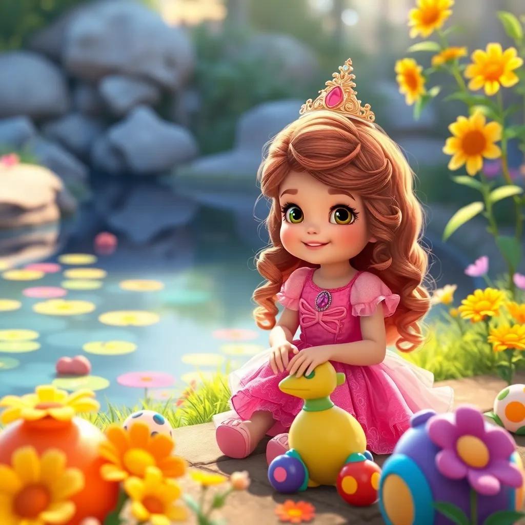 A little spoiled princess, Bella, with long, curly hair in a pink dress, playing by a pond surrounded by flowers, smiling near colorful toys, digital art, bright colors, cheerful atmosphere, child-friendly
