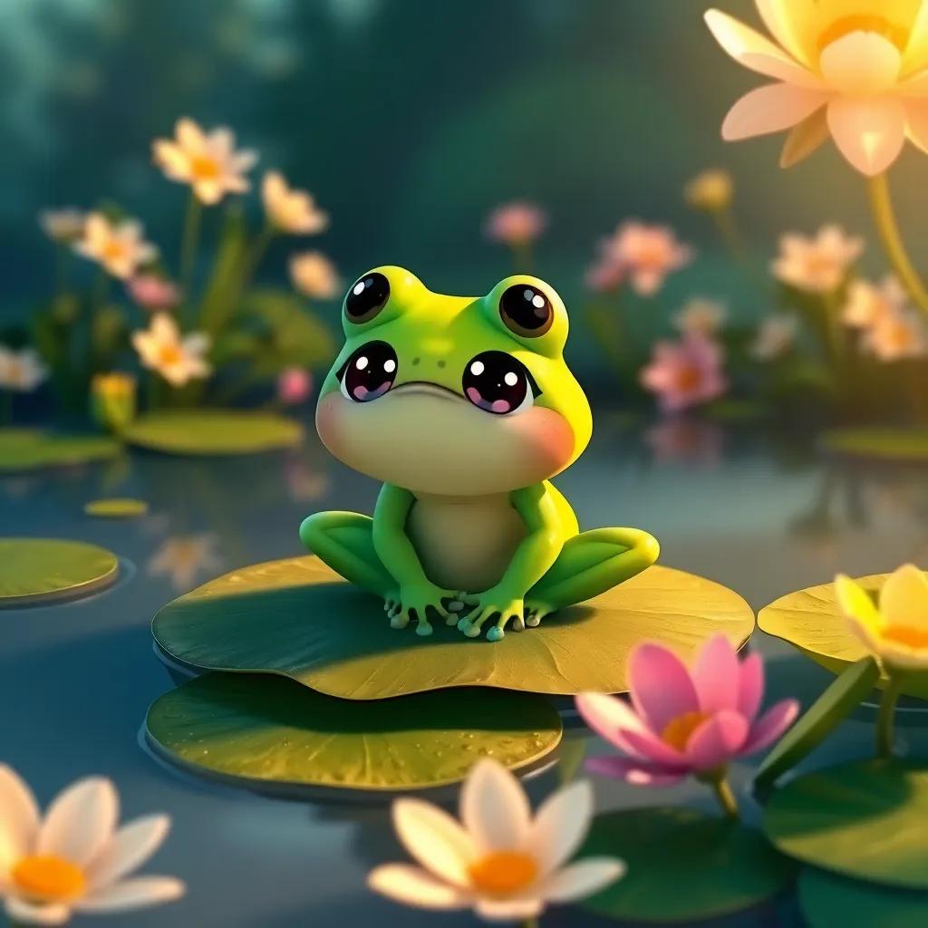 A sad frog sitting on a lily pad in the pond, green with big, round eyes, looking up at the smiling princess, surrounded by soft, blue water and blooming flowers, illustration, warm colors, inviting scenery, fairy tale