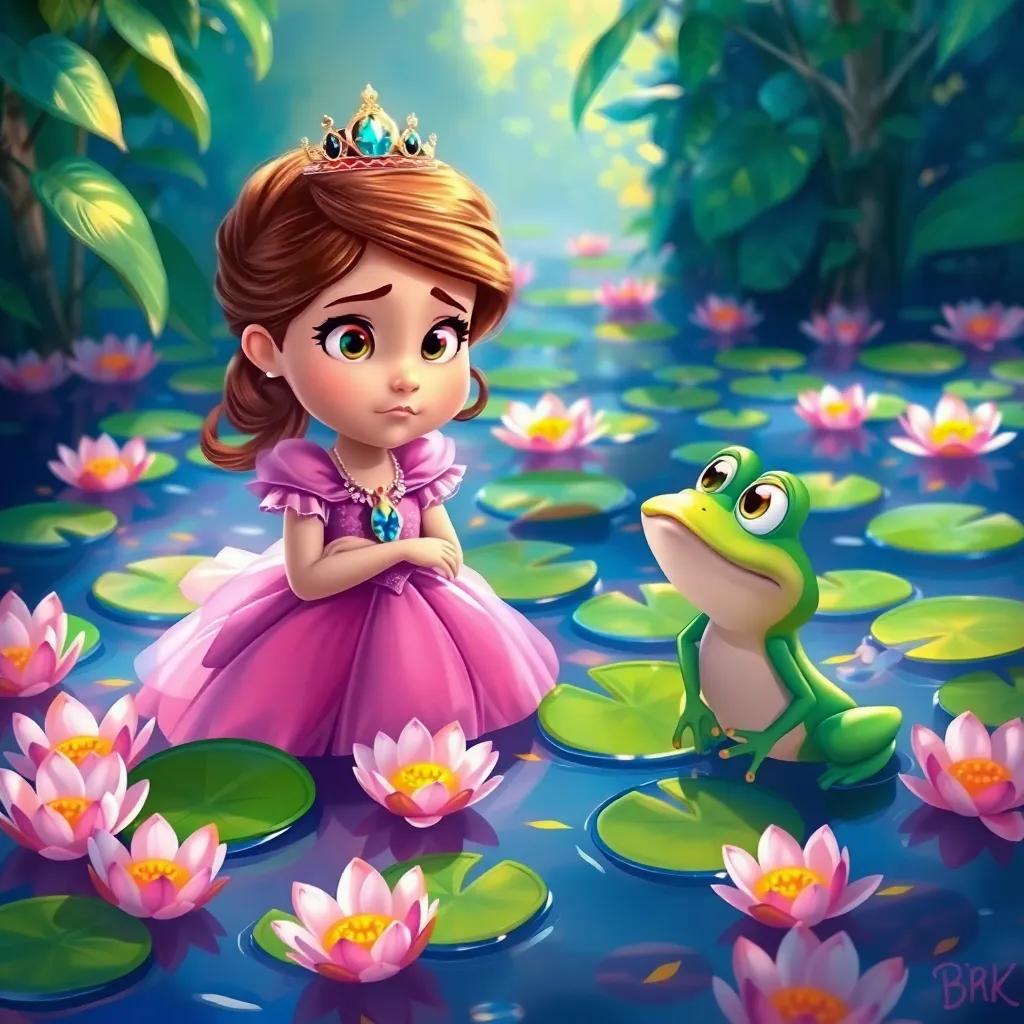 Bella, a little princess with a pink dress, frowning while talking to the frog, who looks hopeful, in the vibrant pond full of lily pads, digital painting, vivid colors, engaging scene, fantasy illustration