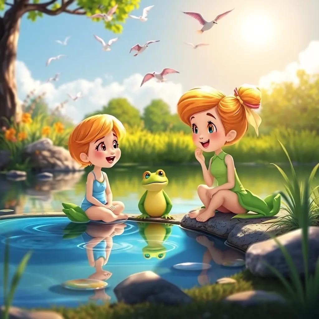 Bella sitting beside the pond, chatting and laughing with the frog, both enjoying their friendship, with birds flying above and the sun shining brightly, cheerful art, bright and happy atmosphere, child-friendly
