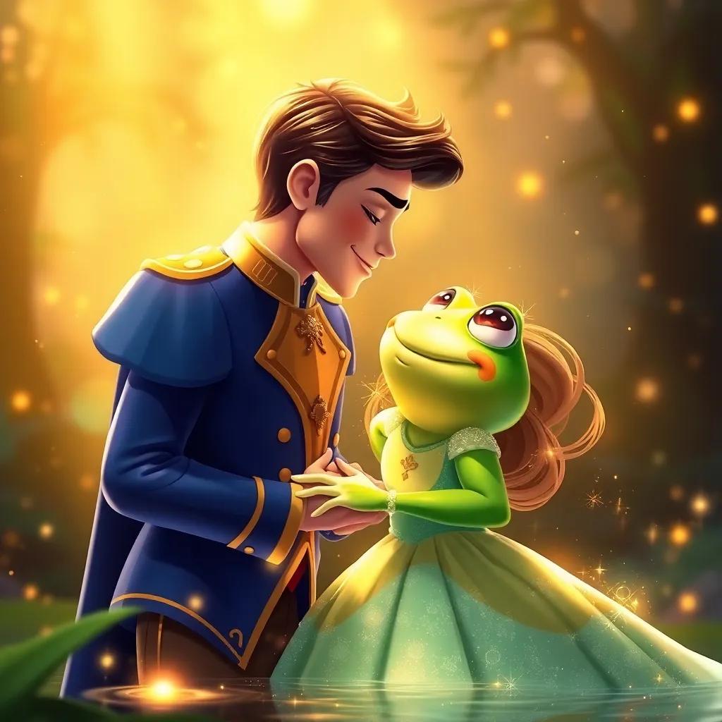 Bella finally kissing the frog, golden light surrounding them as the frog transforms into a prince, with sparkling effects and happy expressions, magical moment, vibrant colors, enchanting scene