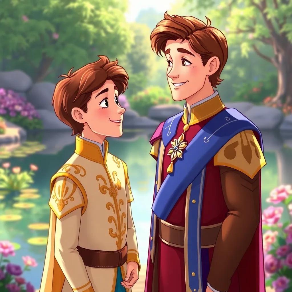The prince, now handsome and tall in royal clothes, smiling at Bella with gratitude, the pond and flowers in the background, illustration, colorful and bright, heartwarming image