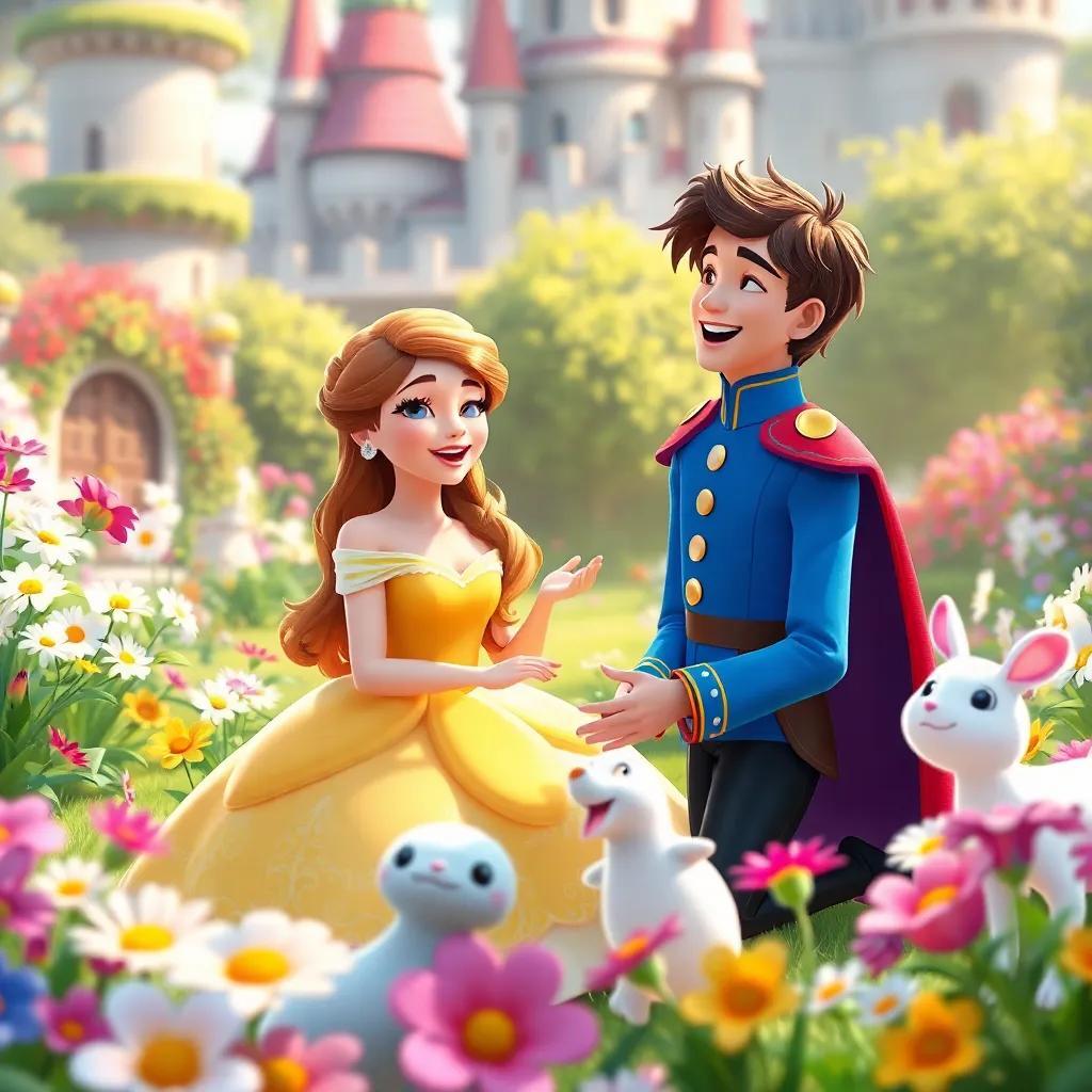 Bella and the prince playing together in the castle garden, both laughing and surrounded by beautiful flowers, cheerful animals, bright colors, joyful atmosphere, happy friendship scene