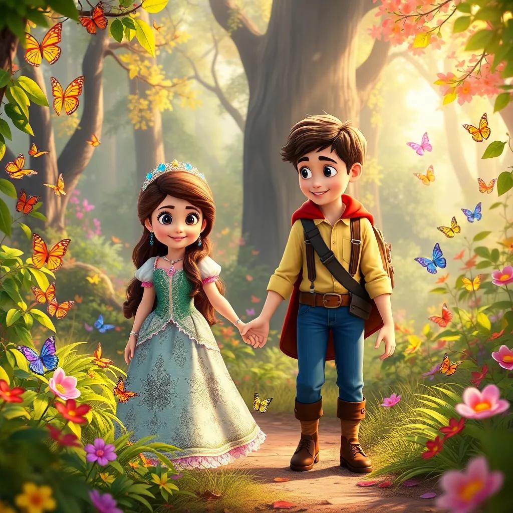 Bella, the princess, and the prince exploring a magical forest, holding hands and looking at colorful butterflies, vibrant foliage around them, digital art, bright and lively, adventure theme