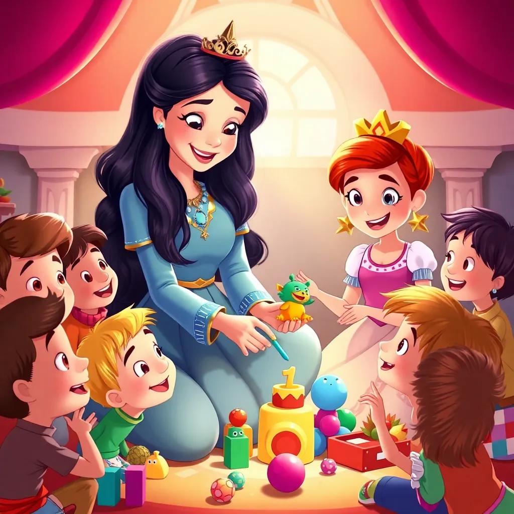 Bella helping children in the kingdom, using her toys to share and play, all kids smiling and having fun around her, colorful scene, warm light, engaging storybook illustration