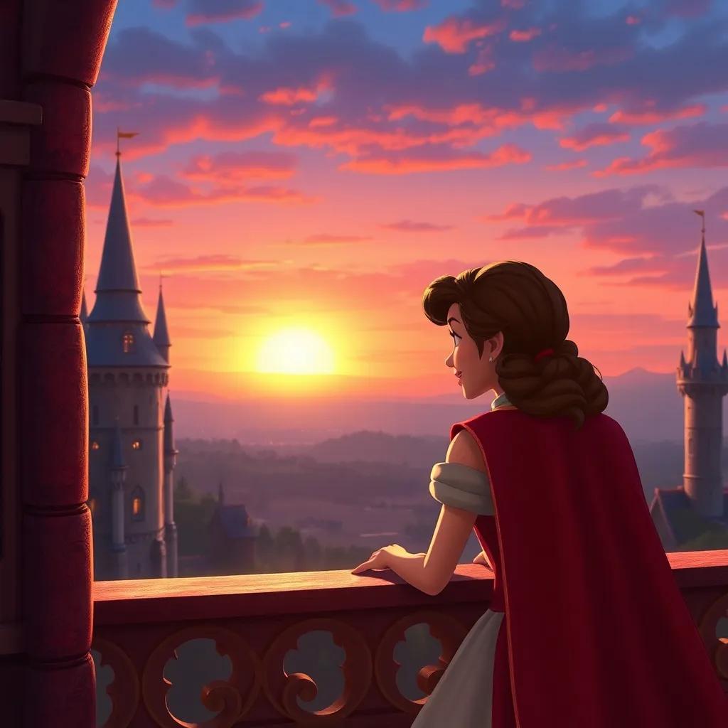 Bella and the prince looking out over the kingdom from the castle balcony, both smiling with a sunset in the background, rich colors, magical ending, heartwarming scene