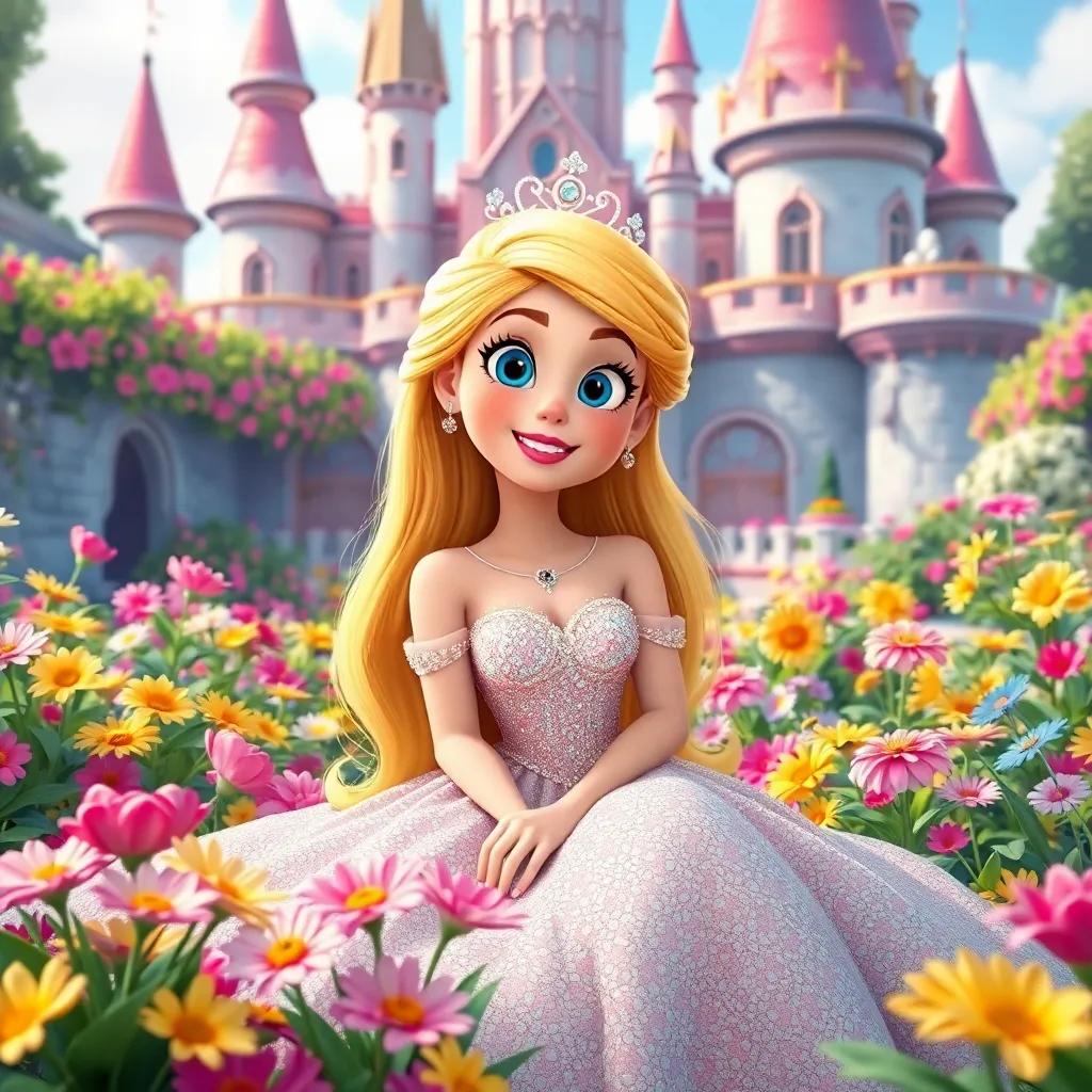 A spoiled princess, Lily, with golden hair and a sparkling dress, sitting in a lavish castle garden filled with colorful flowers, digital art, vibrant colors, cheerful atmosphere, high quality