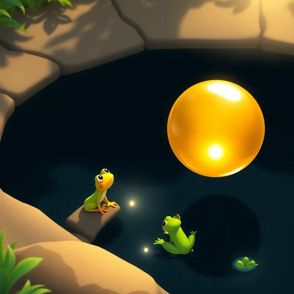 A shiny golden ball bouncing over a deep, dark pond with a green frog sitting on the edge, looking at it curiously, bright sunlight shining on the water, illustration, playful scene, child-friendly